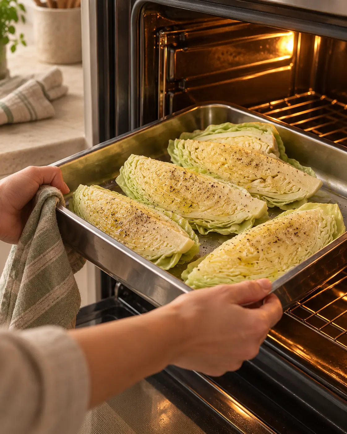 Gewürzte Spitzkohlspalten werden in den Backofen geschoben
