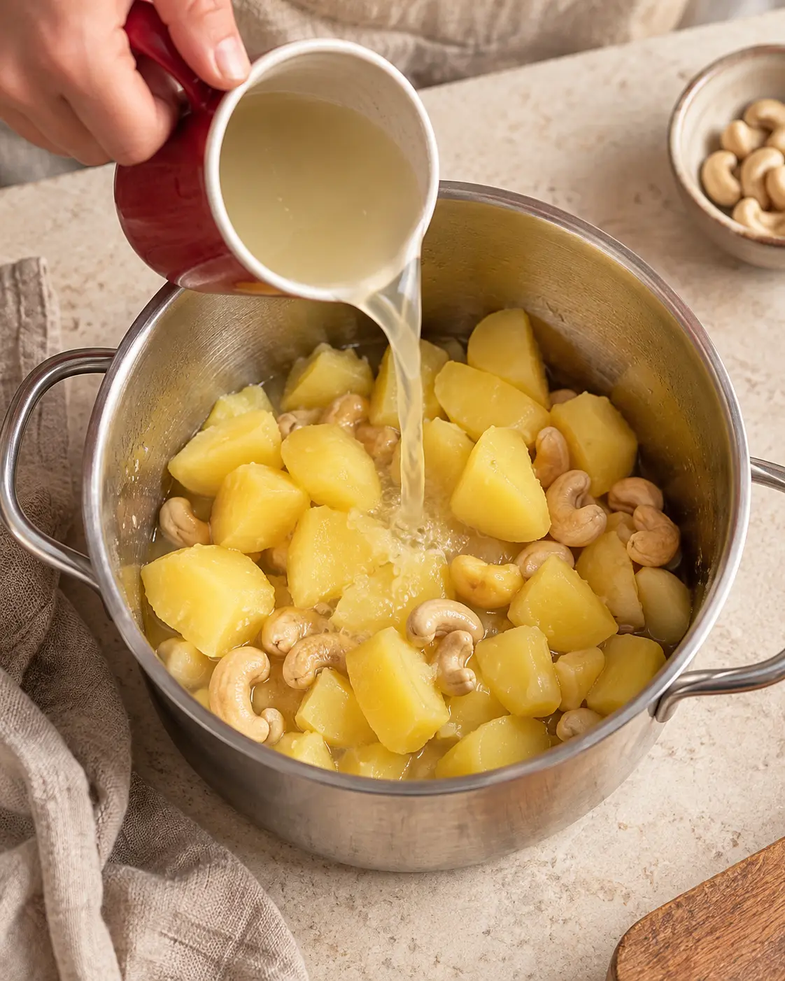 Kochwasser wird in die Kartoffel-Cashew-Sauce gegossen