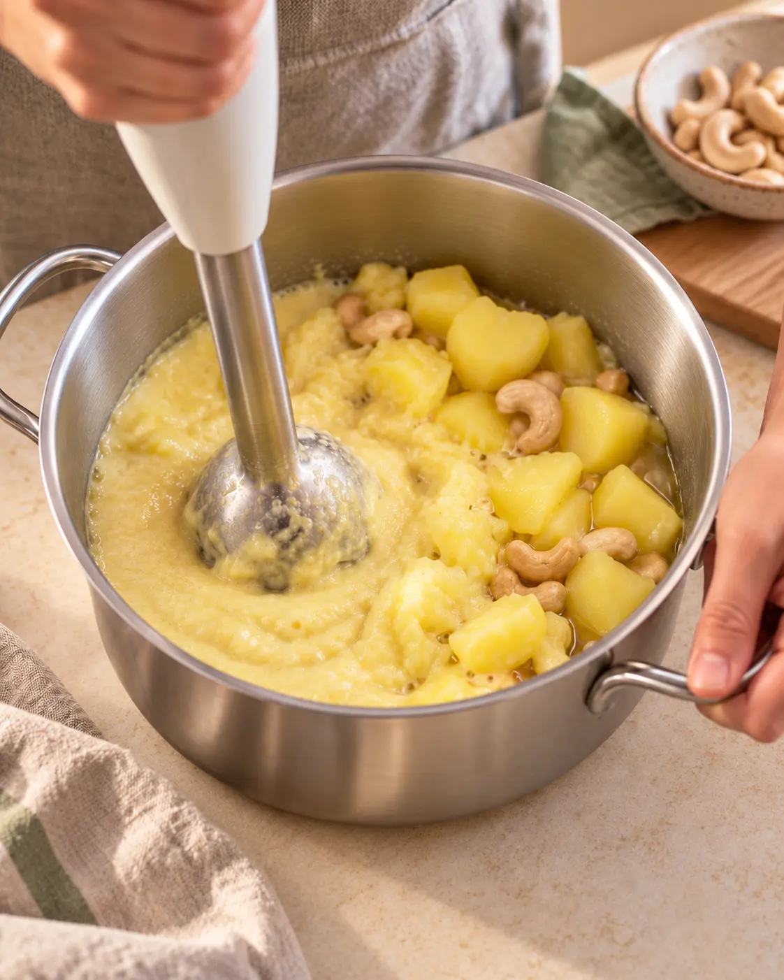 Kartoffel-Cashew-Sauce wird mit dem Stabmixer cremig püriert – sauberer Topfrand