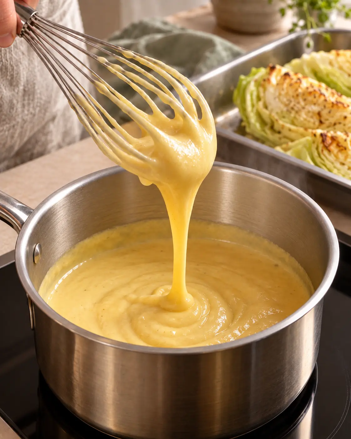Seidige vegane Käsesauce wird mit dem Schneebesen gerührt – sauberer Topfrand