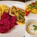 Collage aus Rote-Bete-Risotto mit Fisch, Pasta mit Rucola und Blumenkohlsuppe