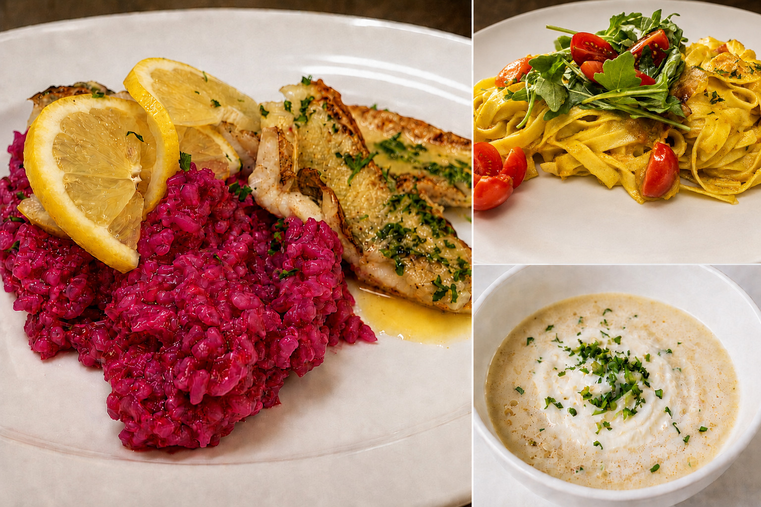 Collage aus Rote-Bete-Risotto mit Fisch, Pasta mit Rucola und Blumenkohlsuppe