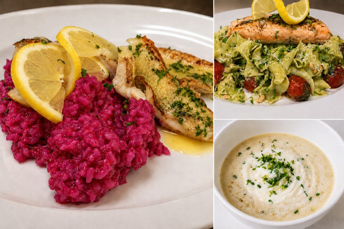 Collage aus Risotto mit Fisch, Lachs-Pasta und cremiger Suppe als Restaurant-Content