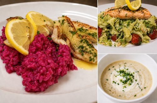 Collage aus Risotto mit Fisch, Lachs-Pasta und cremiger Suppe als Restaurant-Content