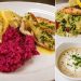 Collage aus Risotto mit Fisch, Lachs-Pasta und cremiger Suppe als Restaurant-Content