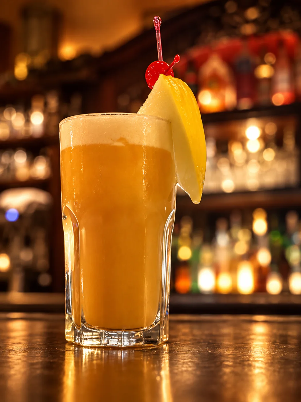 Goldener Ananas-Cocktail in warmer Baratmosphäre