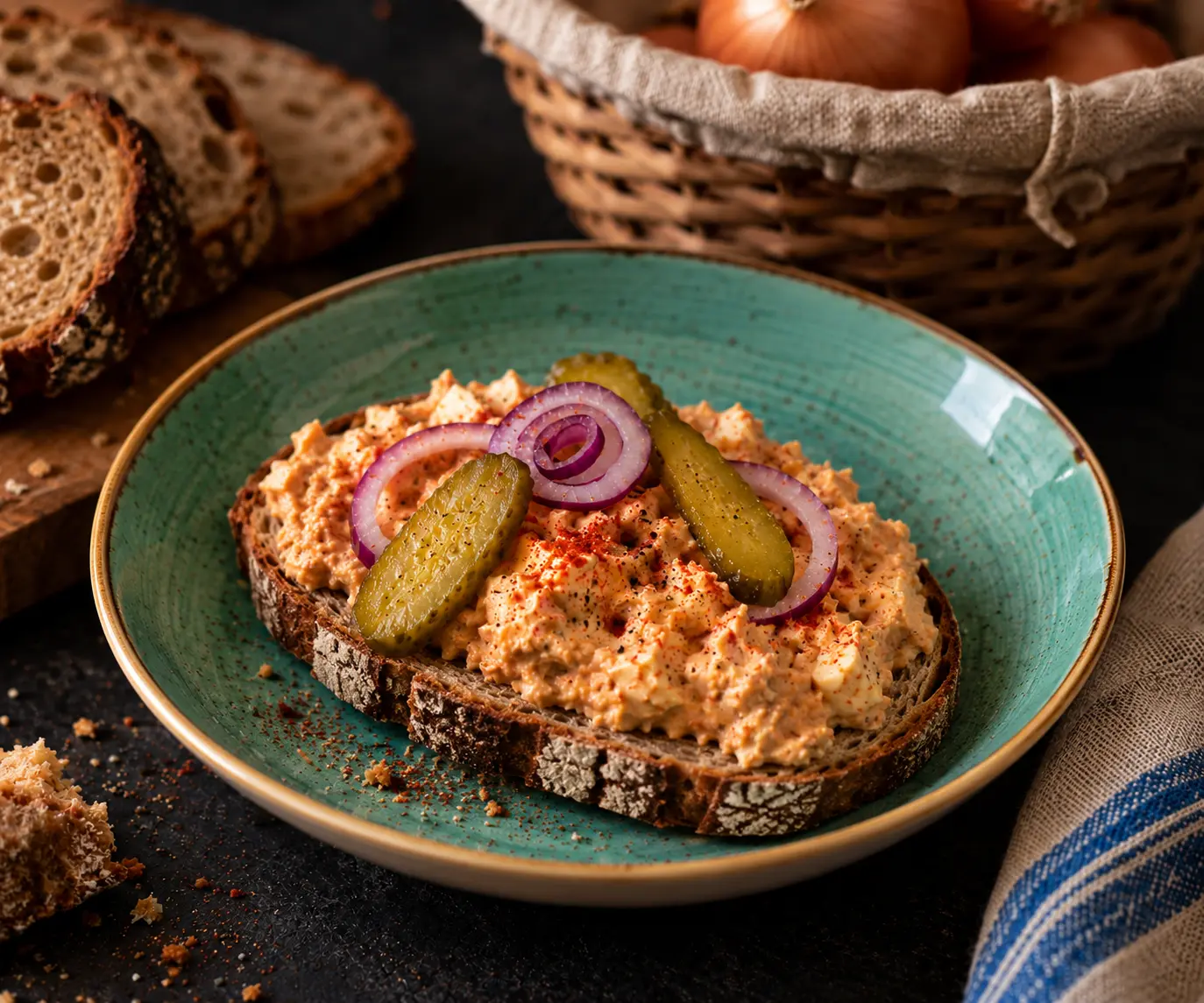 Veganer Obazda auf Sauerteigbrot mit Essiggurken und roten Zwiebeln