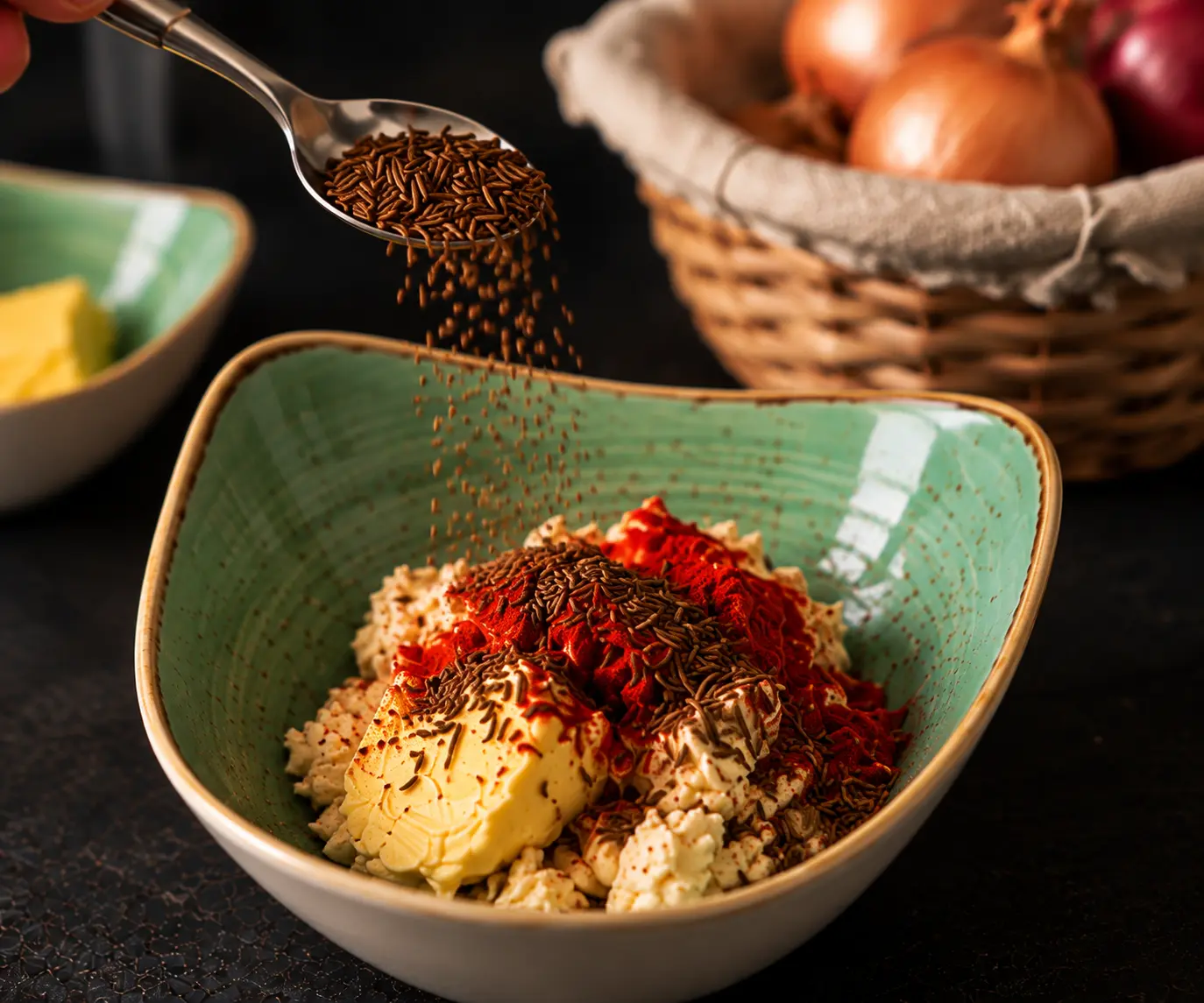 Veganer Obazda wird mit Kümmel und Paprika gewürzt