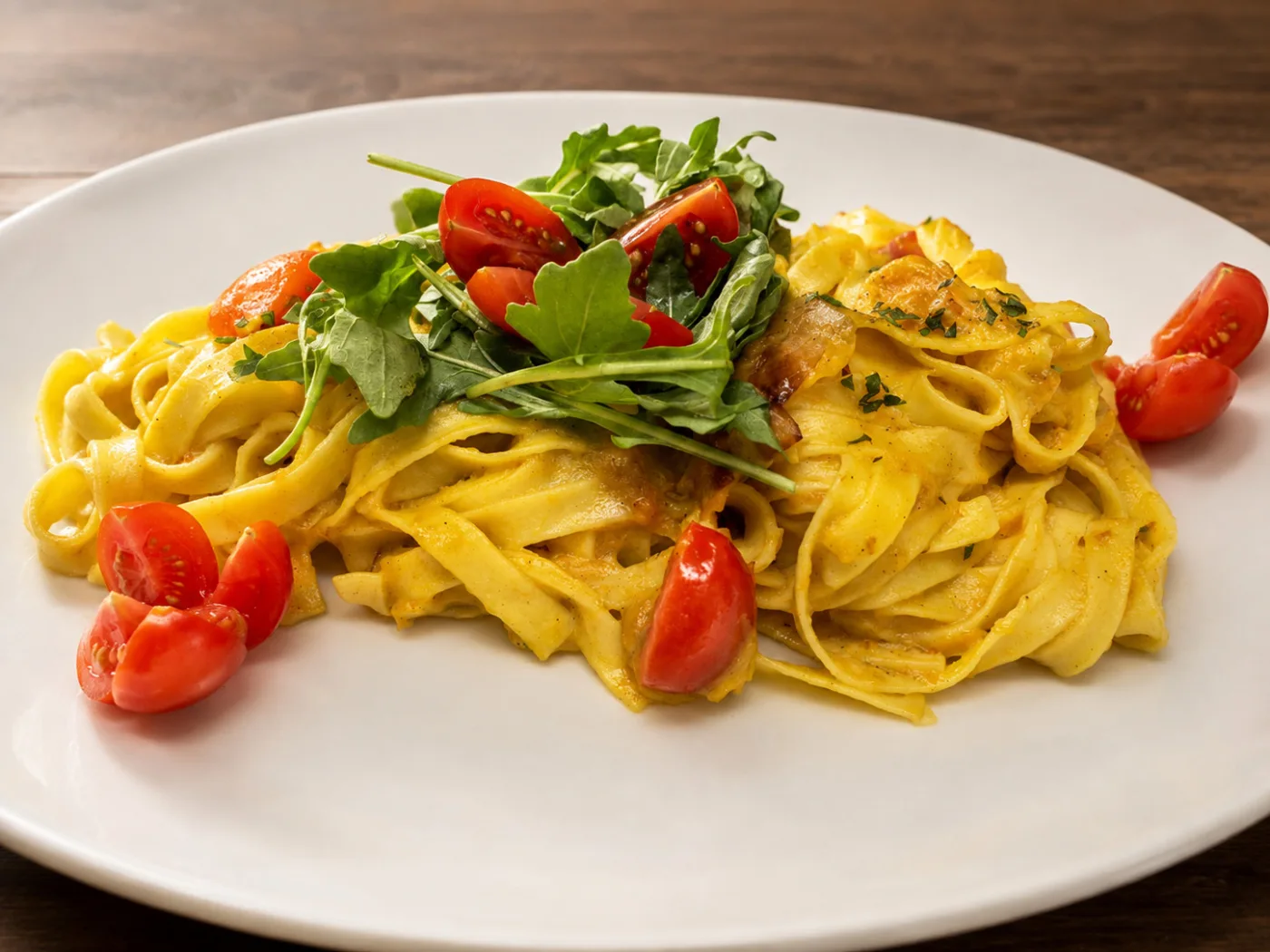 Bandnudeln mit Rucola und Kirschtomaten