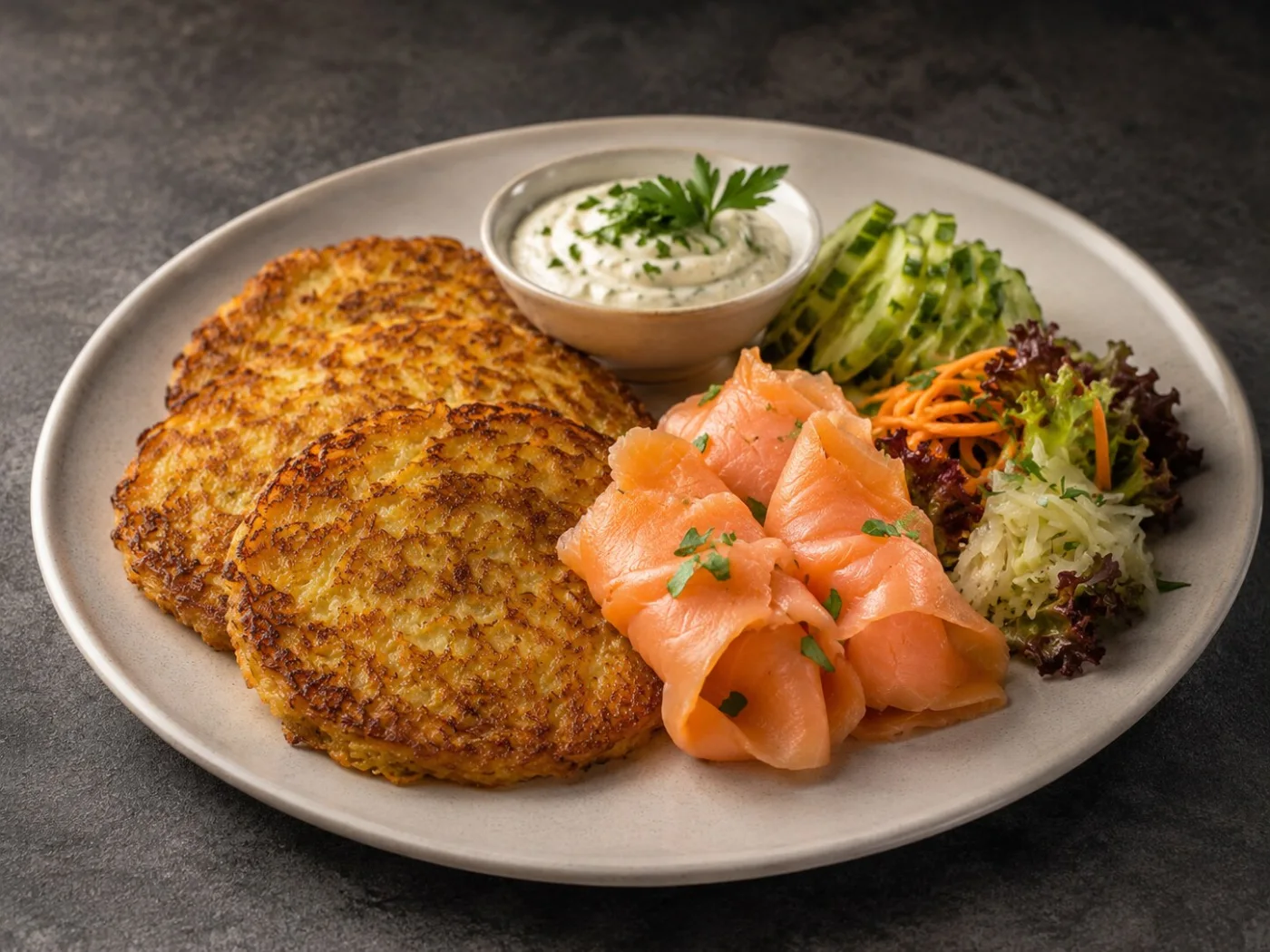 Goldbraune Kartoffelrösti mit Räucherlachs, Kräutercreme und Salat
