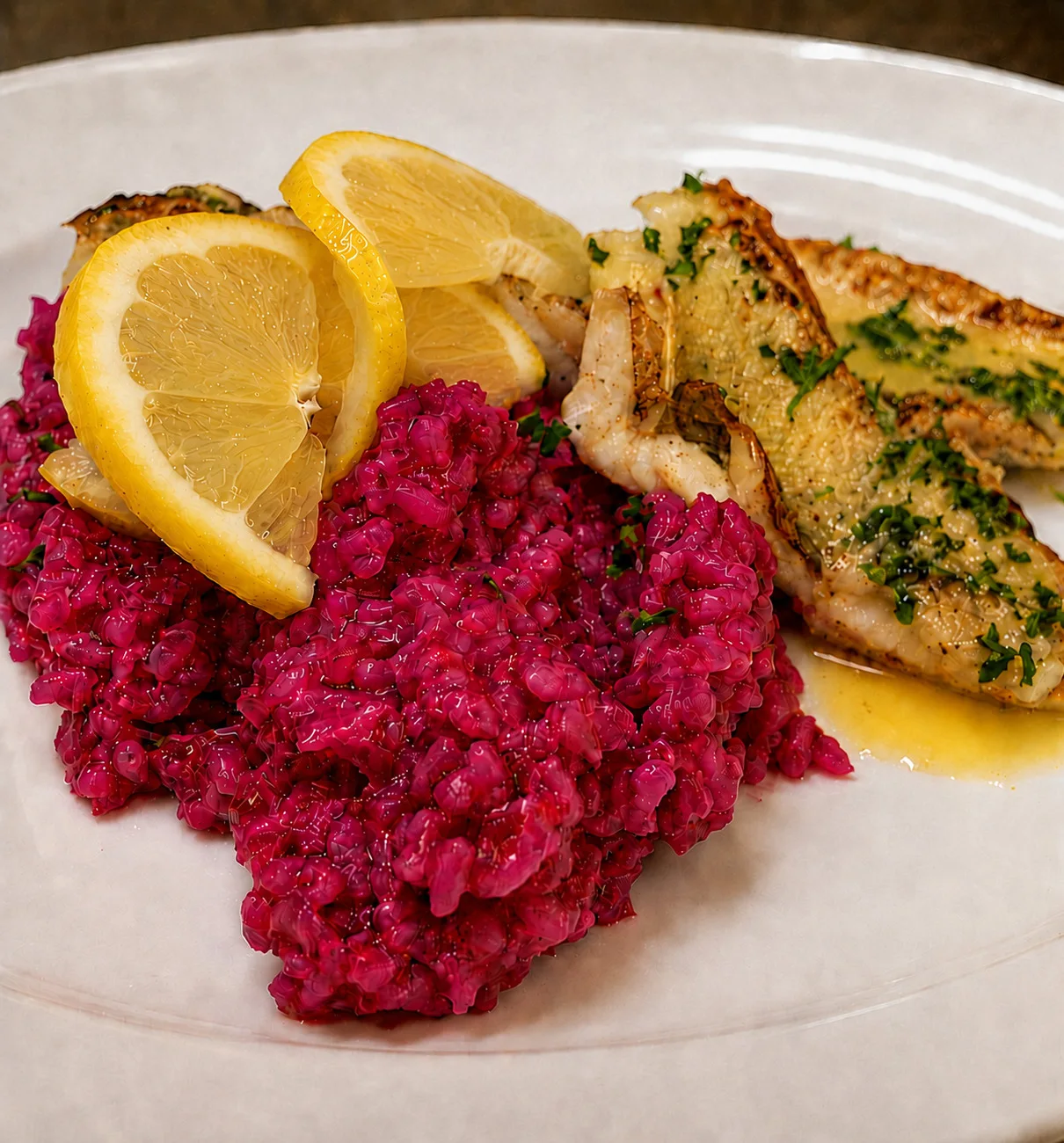 Rote-Bete-Risotto mit gebratenem Fischfilet und Zitronenscheiben
