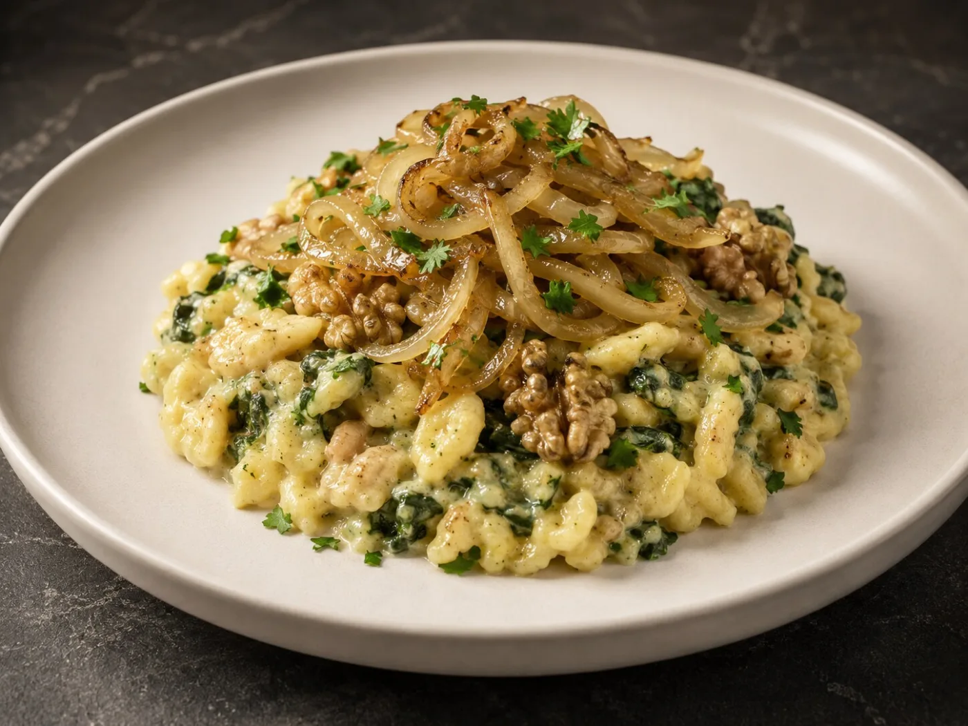 Cremige Spinatspätzle mit Walnüssen und geschmolzenen Zwiebeln