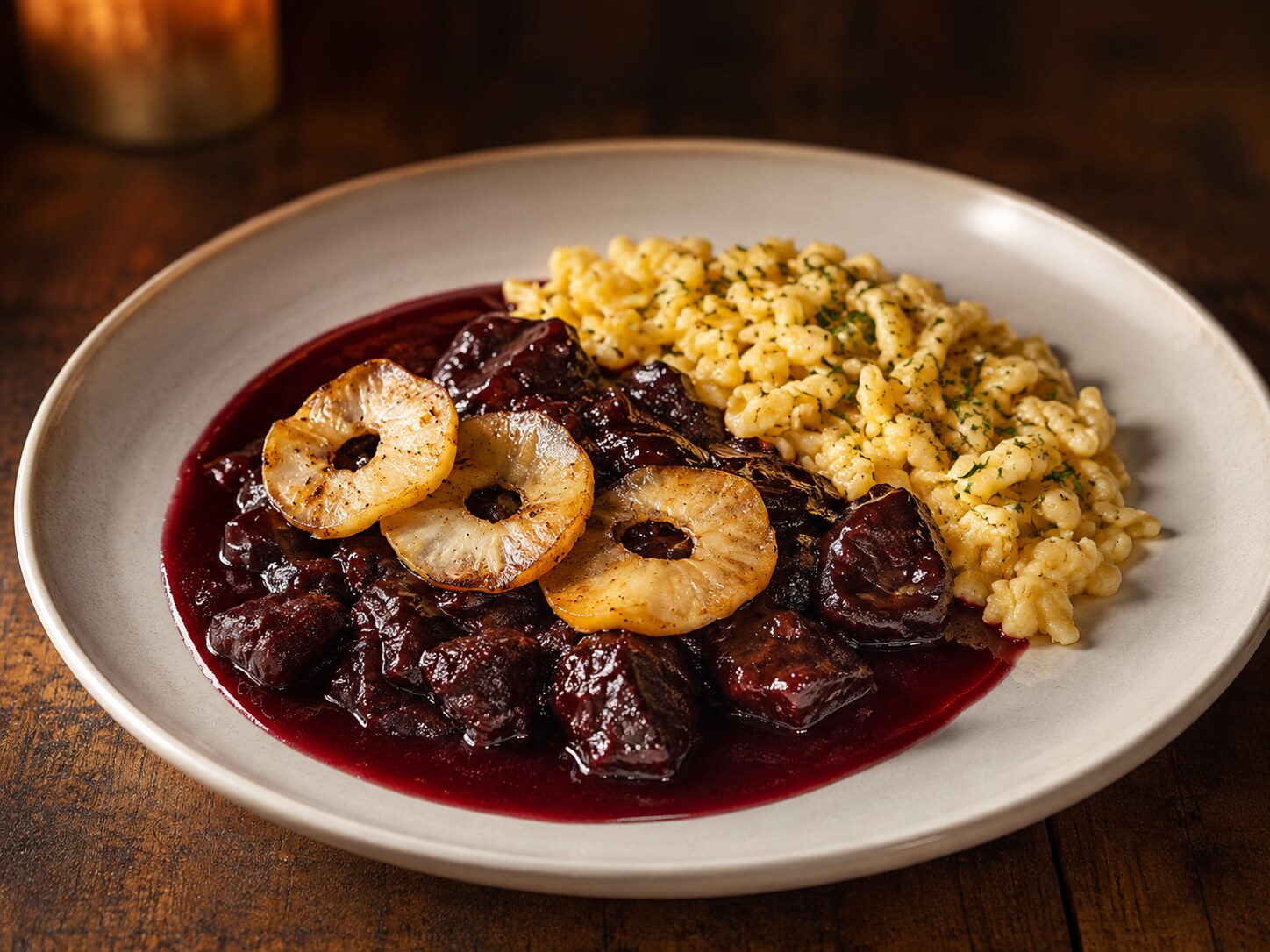 Wildgericht mit dunkler Beerensauce, Spätzle und gebratenen Apfelringen